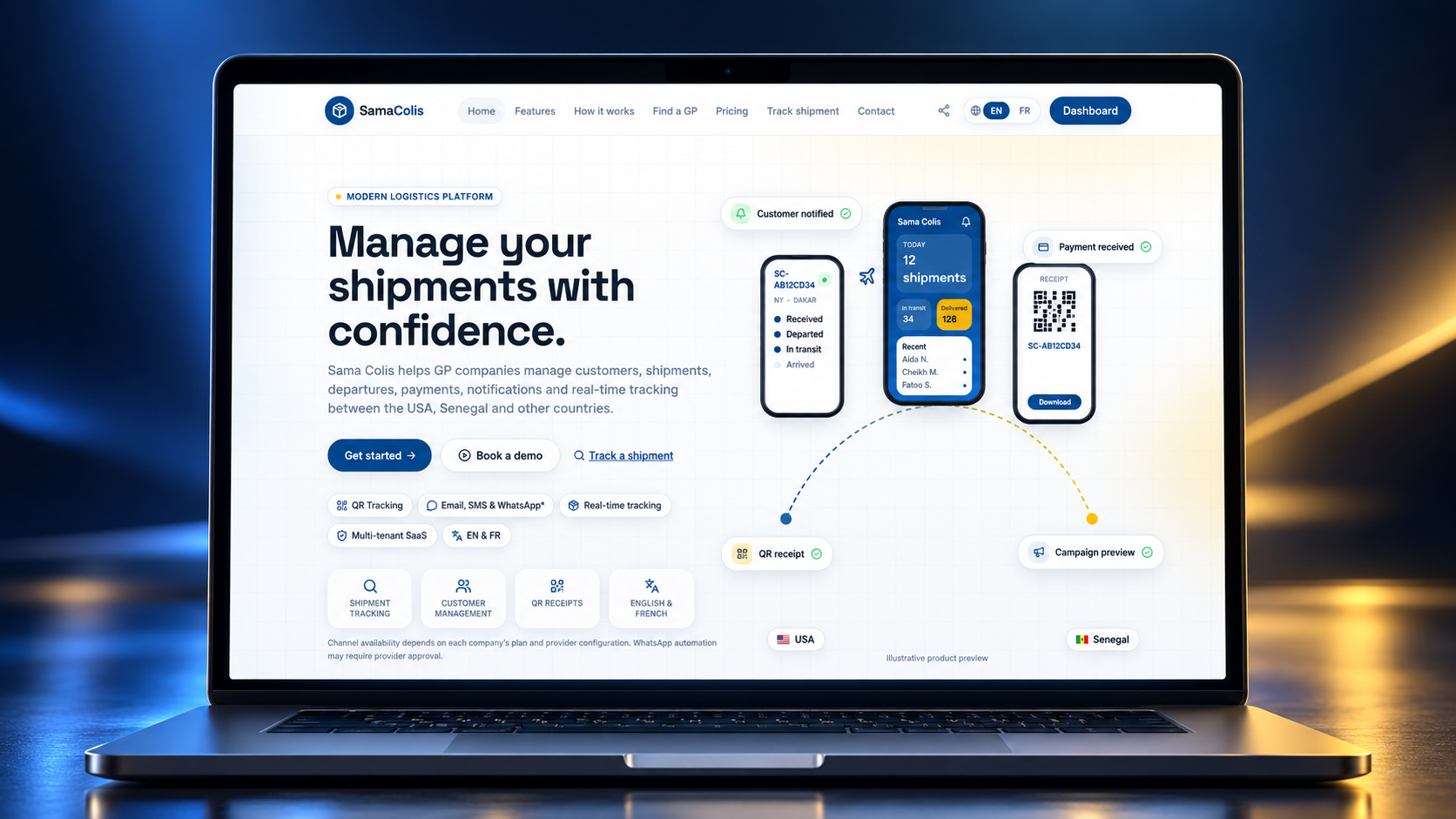 Sama Colis shipping dashboard shown on a laptop with blue and gold lighting